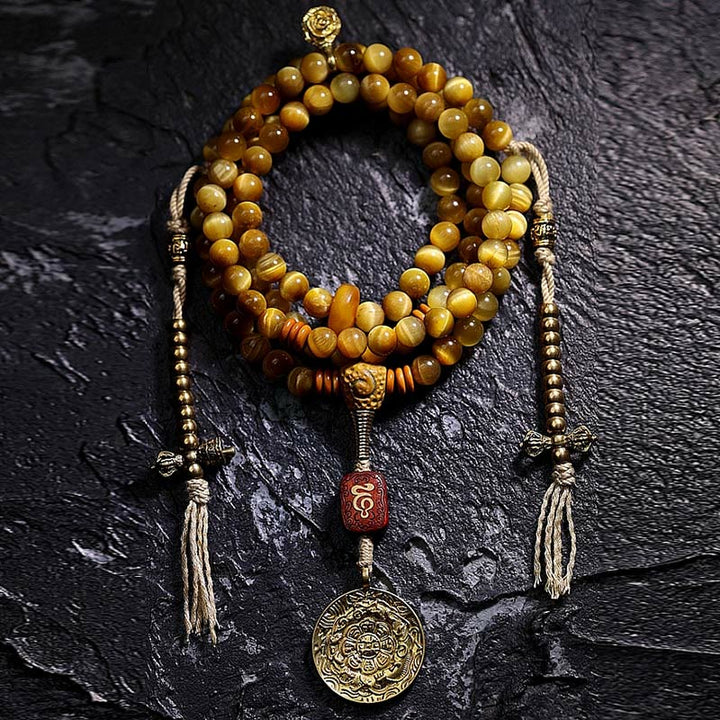 Buddha Stones 108Mala天然タイガーアイ 銅製 ドルジェ 守護 タッセルブレスレット
