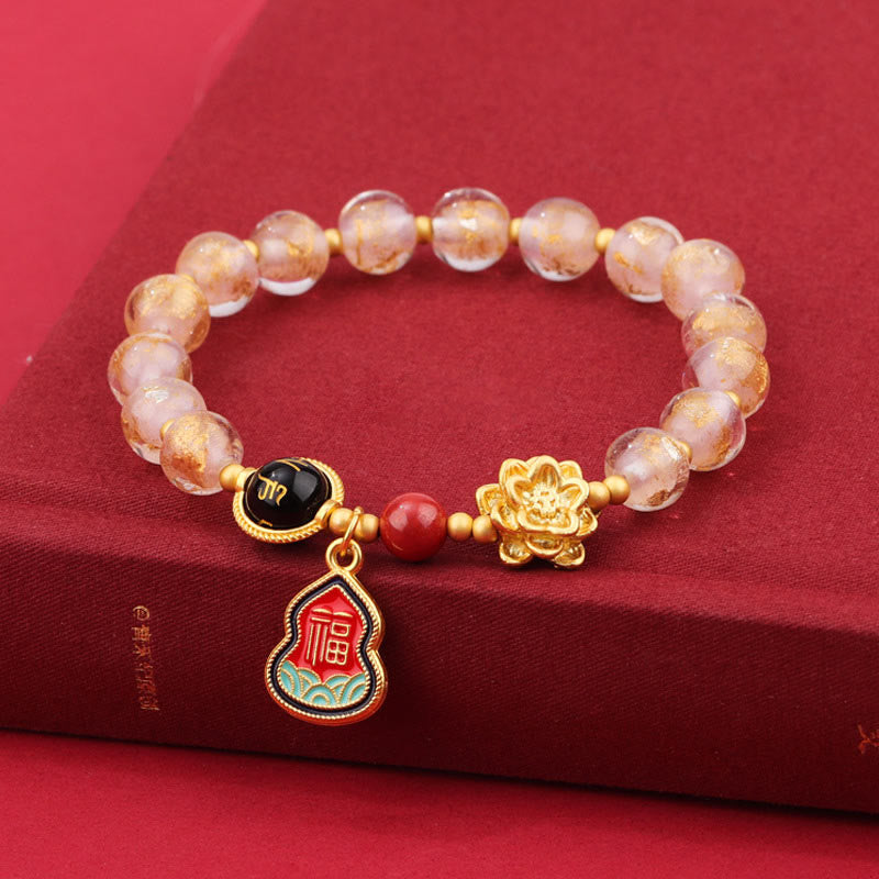 チベットのBuddha Stones、オーム・マニ・パドメ・フムフムフーのキャラクターひょうたんチャーム、蓮華座のガラスビーズ、幸運ブレスレット