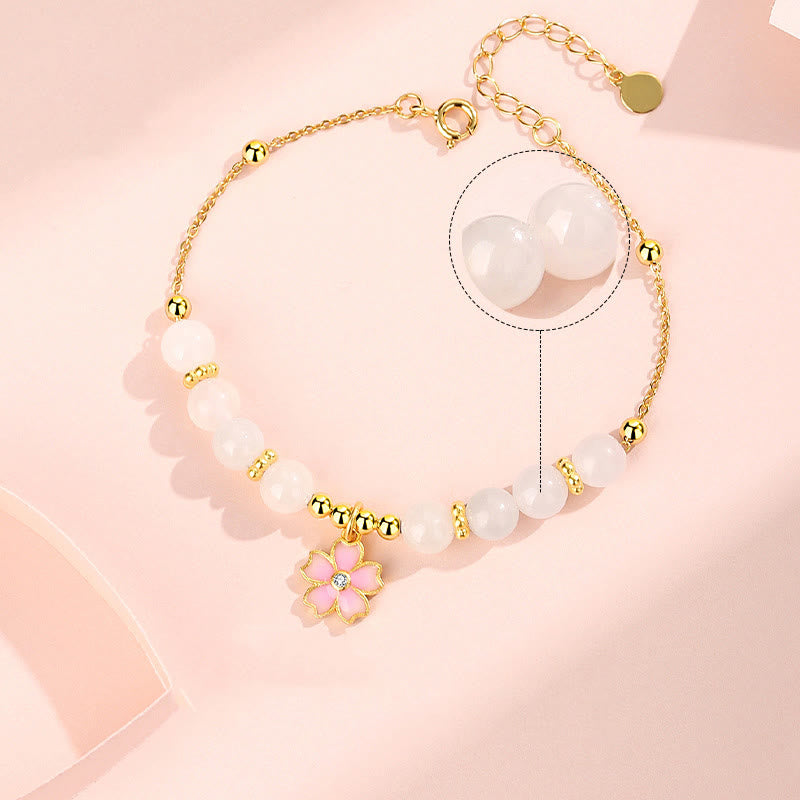 Buddha Stones 925スターリングシルバー 和田産白翡翠 桜守護ブレスレット