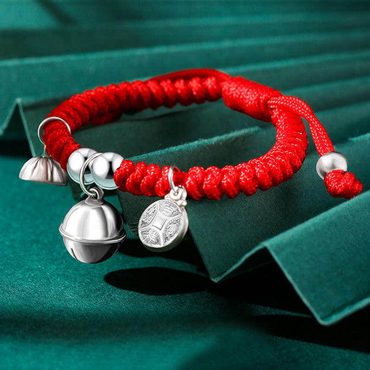 Buddha Stones925 スターリングシルバー ハンドメイド フーキャラクター 幸運のお金袋 中国ロックチャーム ベル ロータス 銅貨 キングコングノット編み 子供用ブレスレット