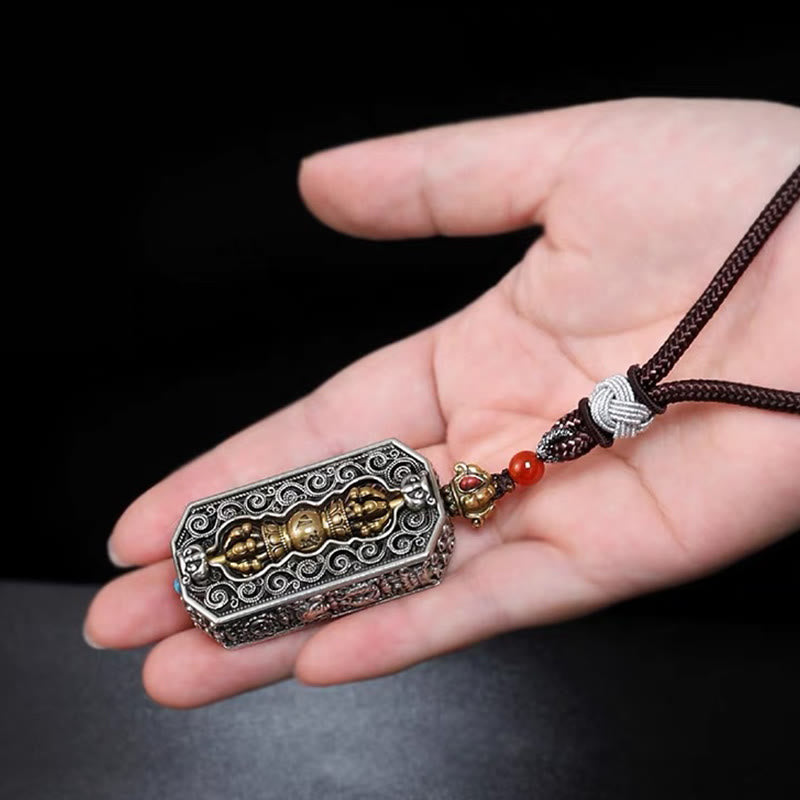 Buddha Stones チベット彫刻 回転式ドルジェ（ヴァジュラ） Om Mani Padme Hum入り 蓮模様 清浄ペンダント ネックレス