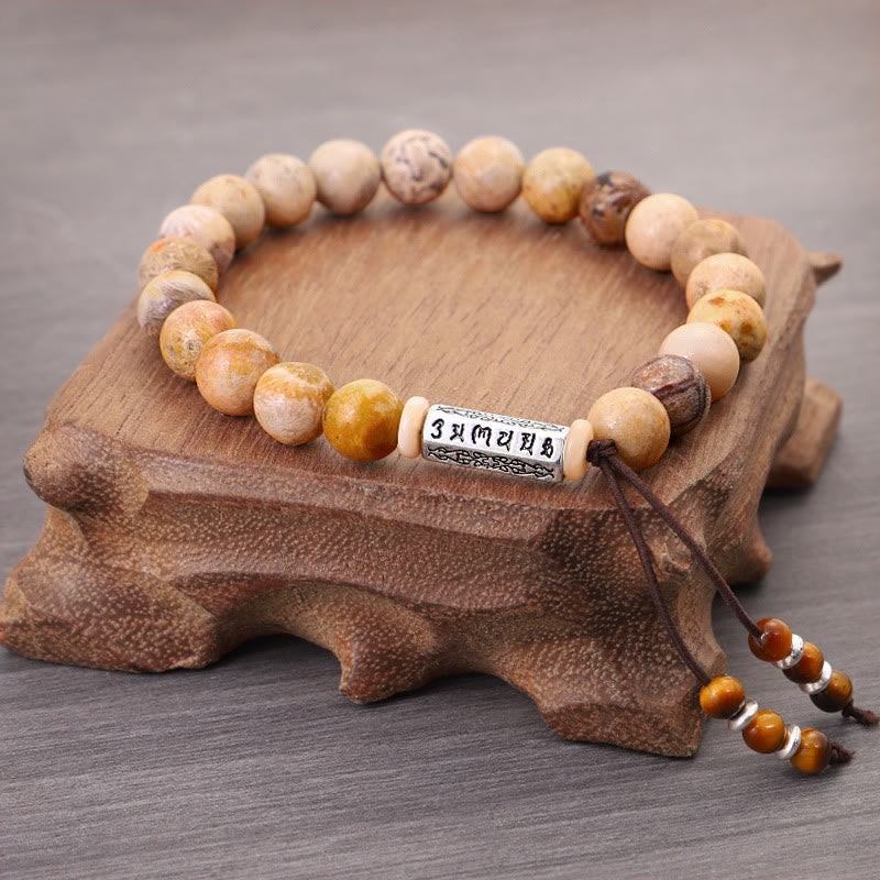 Buddha Stones風化石オーム・マニ・パドメ・フム強化ブレスレット