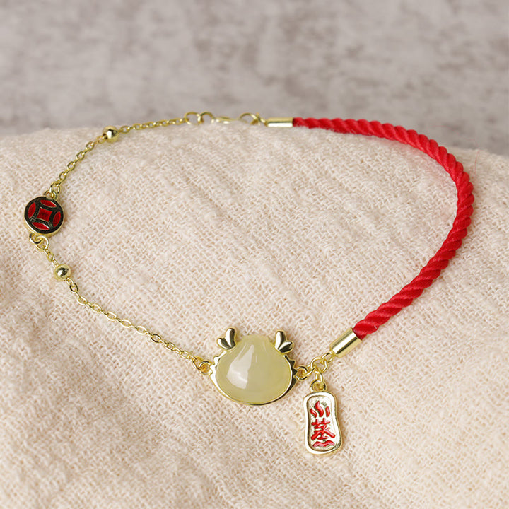 Buddha Stones925 スターリングシルバー 龍年 和田白翡翠 中国蒸しパン 龍デザイン幸運繁栄の祝福ブレスレット
