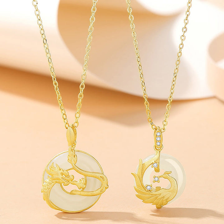 Buddha Stones925 スターリングシルバー 龍年 和田翡翠 ゴールデンドラゴン フェニックス 平和バックル 幸運ネックレスペンダント