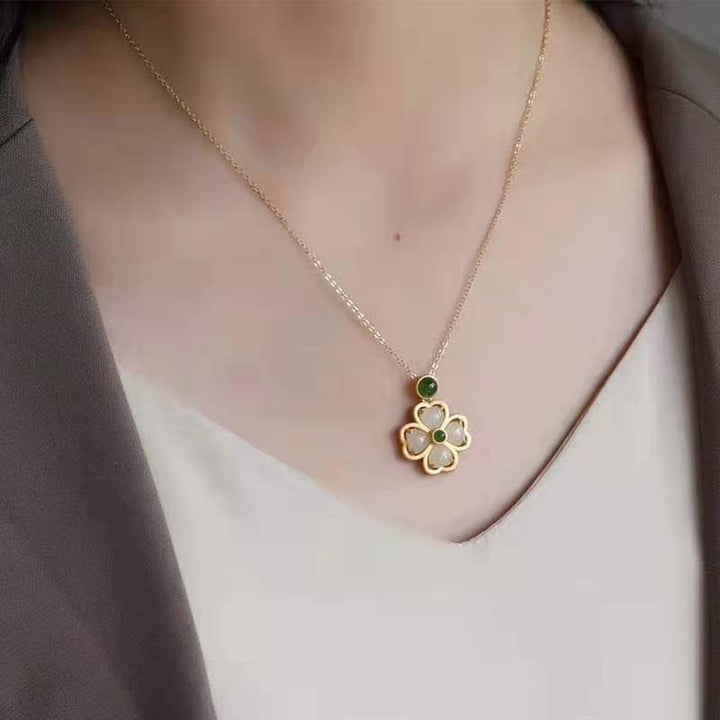 Buddha Stones925スターリングシルバー 幸運の四つ葉のクローバー 翡翠 繁栄のネックレスチェーンペンダント