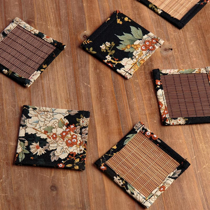 Buddha Stonesヴィンテージ 牡丹の花 竹製 カップマット パッド ティーカップ コースター カンフー ティーマット