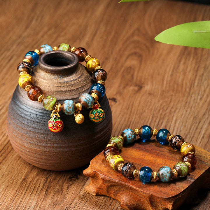 Buddha Stones金呑み獣ファミリーチャーム 琉璃ガラスビーズ 幸運ブレスレット