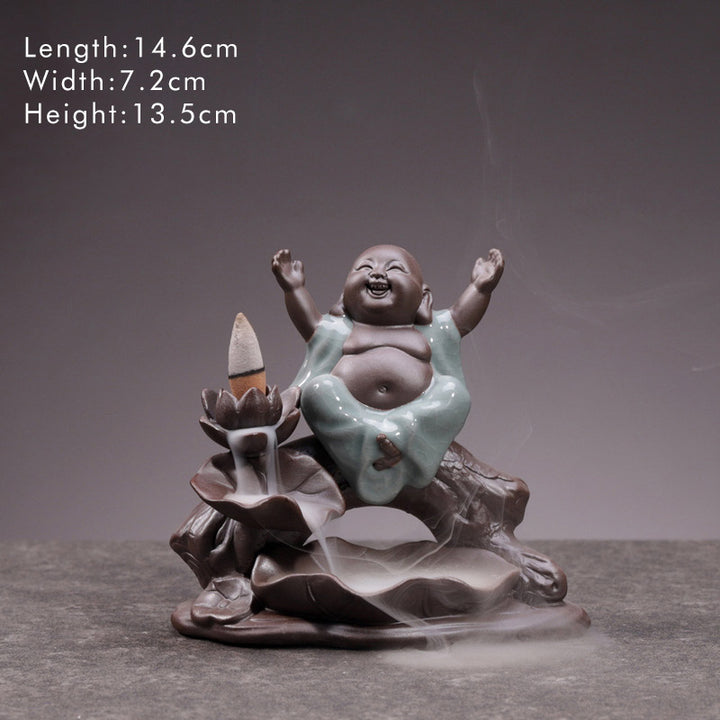 Buddha Stones小さな僧侶 陶器 蓮の祝福 香炉 装飾