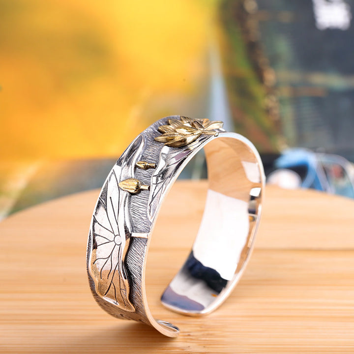 Buddha Stones925スターリングシルバー ロータスフラワー カームブレスレット 調節可能なバングル