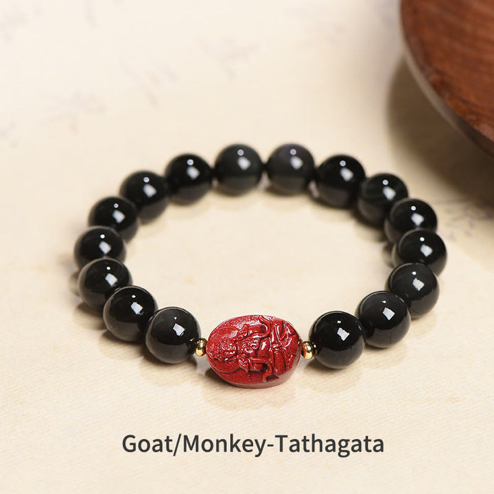 Buddha Stones十二支誕生仏天然黒曜石 辰砂 浄化ブレスレット