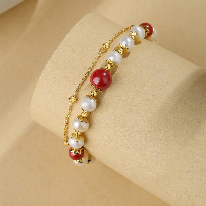 Buddha Stones925スターリングシルバー パール シナバー ウィズダムビーズ ダブルレイヤーチェーンブレスレット
