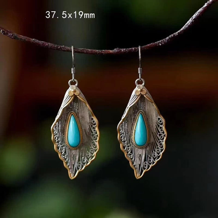 Buddha Stones925スターリングシルバー ターコイズ 菩提葉模様 保護ドロップダングルイヤリング