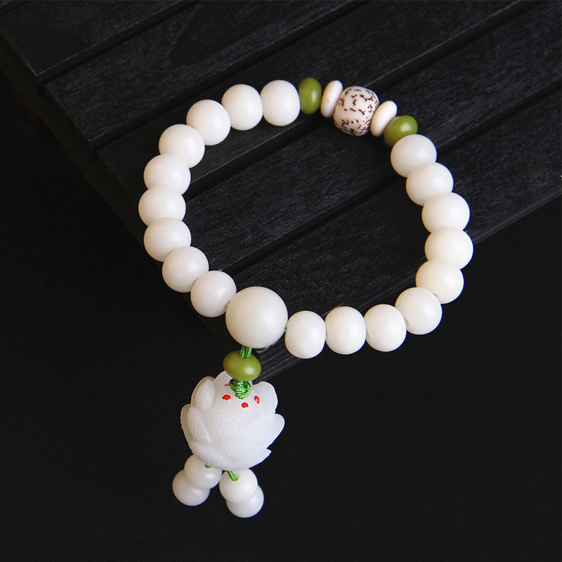 Buddha Stones蓮 天然ホワイト菩提樹幸運ブレスレット