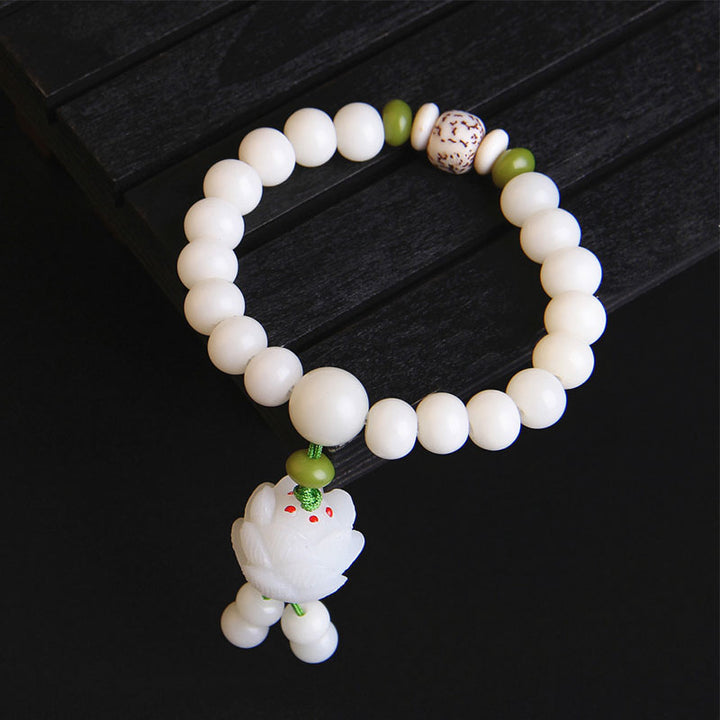 Buddha Stones蓮 天然ホワイト菩提樹幸運ブレスレット