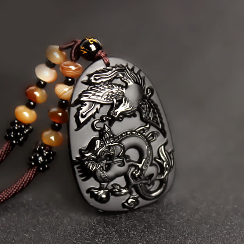 Buddha Stonesブラックオブシディアン タイガーアイ ドラゴン フェニックス 守護ビーズネックレスペンダント - image 2