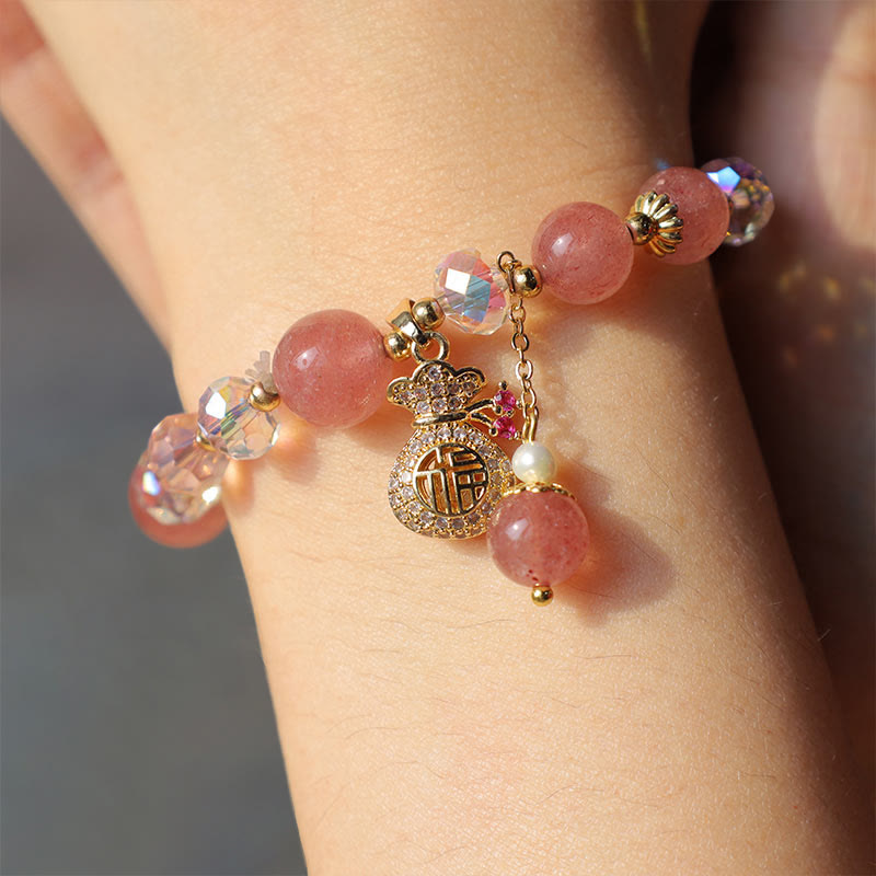 Buddha Stones 天然ストロベリークォーツ マネーバッグチャーム付き ポジティブブレスレット