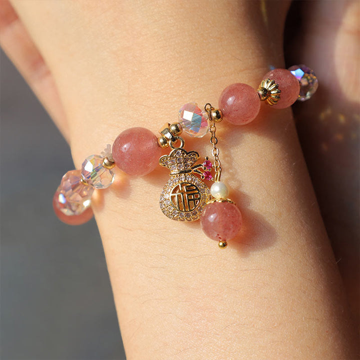 Buddha Stones 天然ストロベリークォーツ マネーバッグチャーム付き ポジティブブレスレット