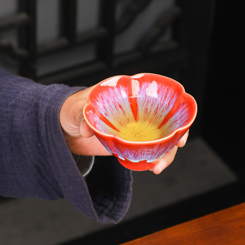 Buddha Stones6個 梅の花びら模様 中国 Jianzhan 窯変 陶器 ティーカップ カンフー ティーカップ ボウル ギフトボックス付き