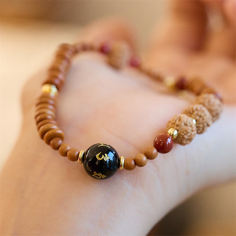 Buddha Stonesチベット菩提樹の種子 ブラックオニキス スモーキークォーツオーム・マニ・パドメ・フムフー キャラクター開運財運ブレスレット