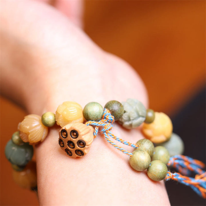 Buddha Stones菩提樹の実 蓮 緑白檀 知恵の調和ブレスレット