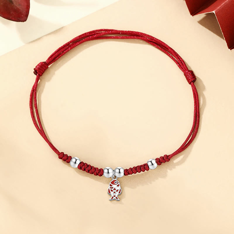 Buddha Stones925 スターリングシルバー 幸運の鯉 富の手作り編み込みレッドブレスレット