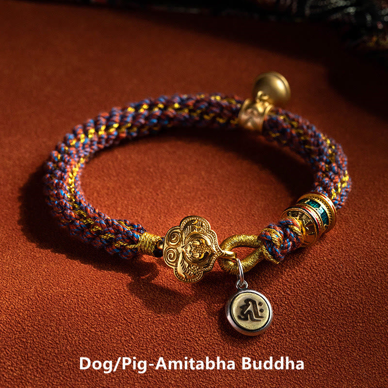 Buddha Stones925 スターリングシルバー十二支誕生仏オーム・マニ・パドメ・フム幸運の鐘 編み込みストリングブレスレット