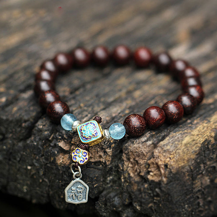 Buddha Stones925 スターリングシルバー インド産小葉 レッドサンダルウッド アクアマリン ゴールドスター 中国結び 祝福ブレスレット