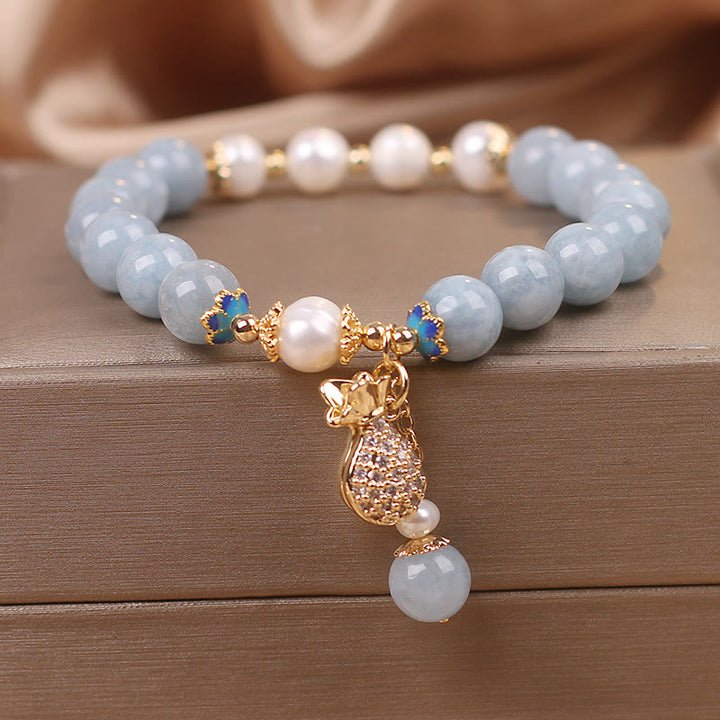 Buddha Stonesアクアマリンパール フォーチュン マネーバッグチャームブレスレット