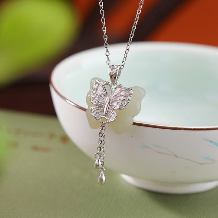 Buddha Stones 925スターリングシルバーメッキゴールド和田白翡翠バタフライ祝福ネックレスペンダント