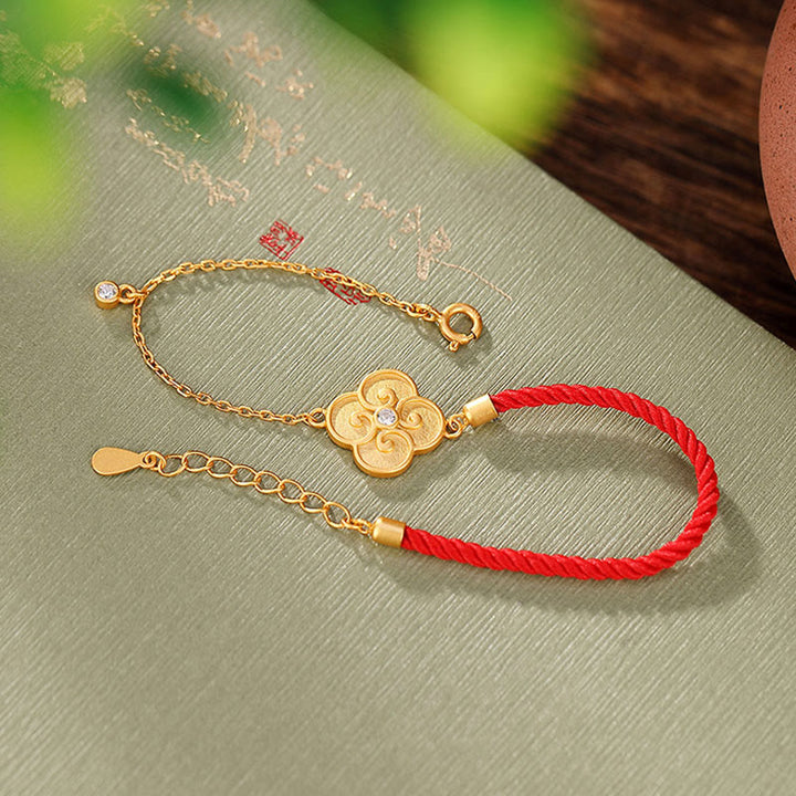 Buddha Stones925スターリングシルバー ゴールドメッキ 四つ葉のクローバー ジルコン 幸運のブレスレット