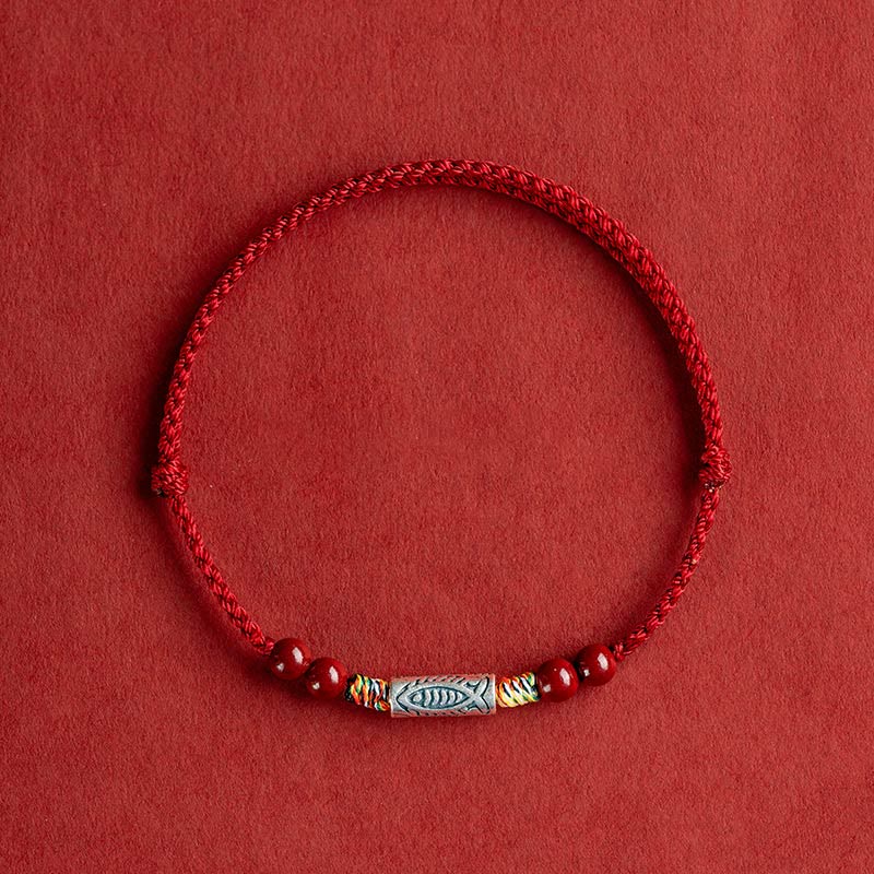 Buddha Stones 925スターリングシルバー 鯉 辰砂 ビーズ 富 手作り 編み込み ブレスレット アンクレット