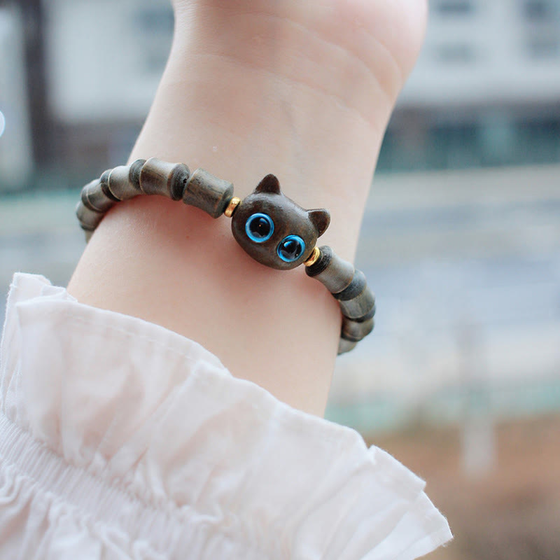 Buddha Stones、黒檀、緑白檀、かわいい猫の平和ブレスレット - image 7
