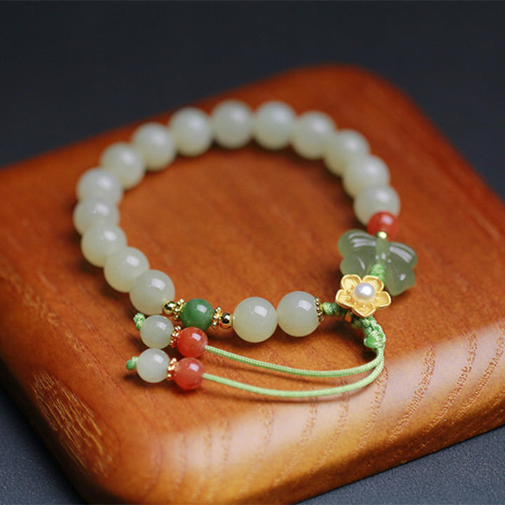 Buddha Stones925スターリングシルバー 翡翠 幸運の花 蝶 ブレスレット