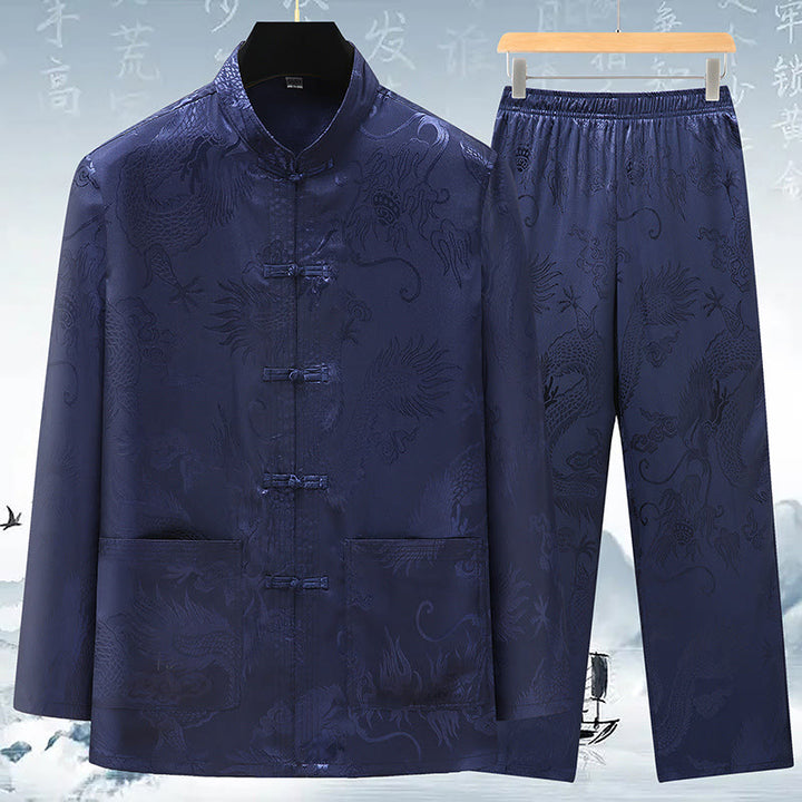 Buddha Stones唐装男性漢服中国龍伝統衣装カンフーシャツ制服長袖コートトップスとパンツ衣類メンズセット - ダークブルー - US/UK/AU42、 EU52 (3XL) - image 13