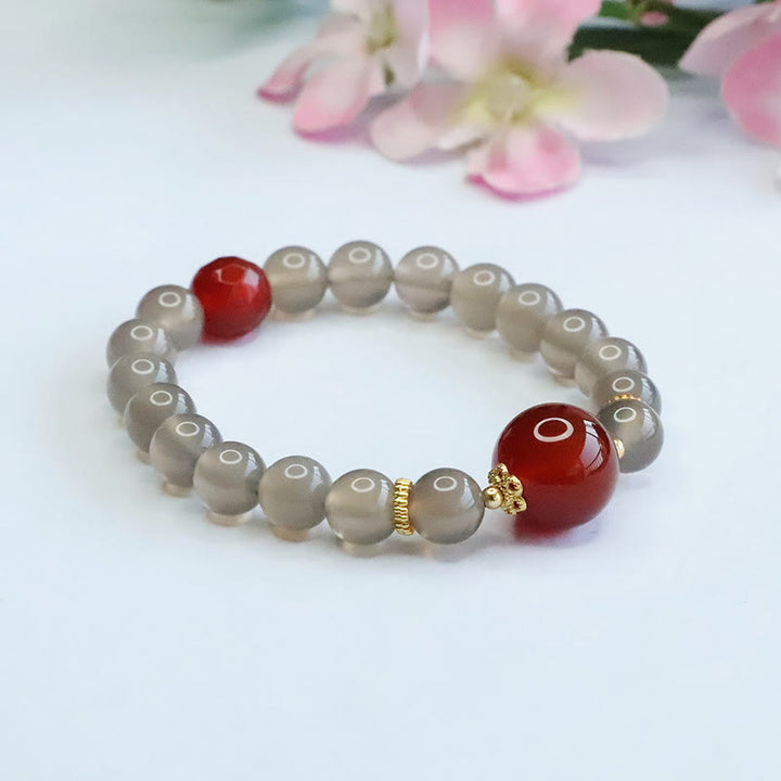 Buddha Stones天然グレーカルセドニー レッドアゲート ハーモニーブレスレット