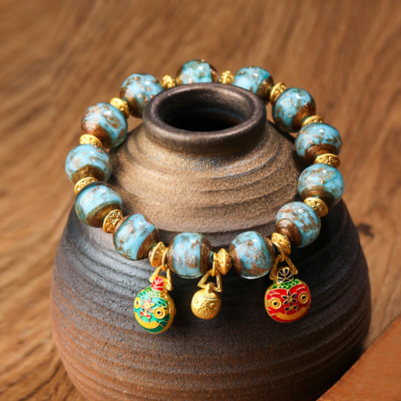Buddha Stones金呑み獣ファミリーチャーム 琉璃ガラスビーズ 幸運ブレスレット