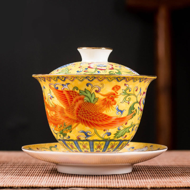 Buddha Stones龍鳳凰花デザイン陶器蓋碗三彩ティーカップカンフーティーカップ＆ソーサー蓋付き