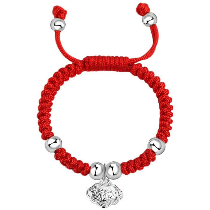 Buddha Stones925 スターリングシルバー ハンドメイド フーキャラクター 幸運のお金袋 中国ロックチャーム ベル ロータス 銅貨 キングコングノット編み 子供用ブレスレット
