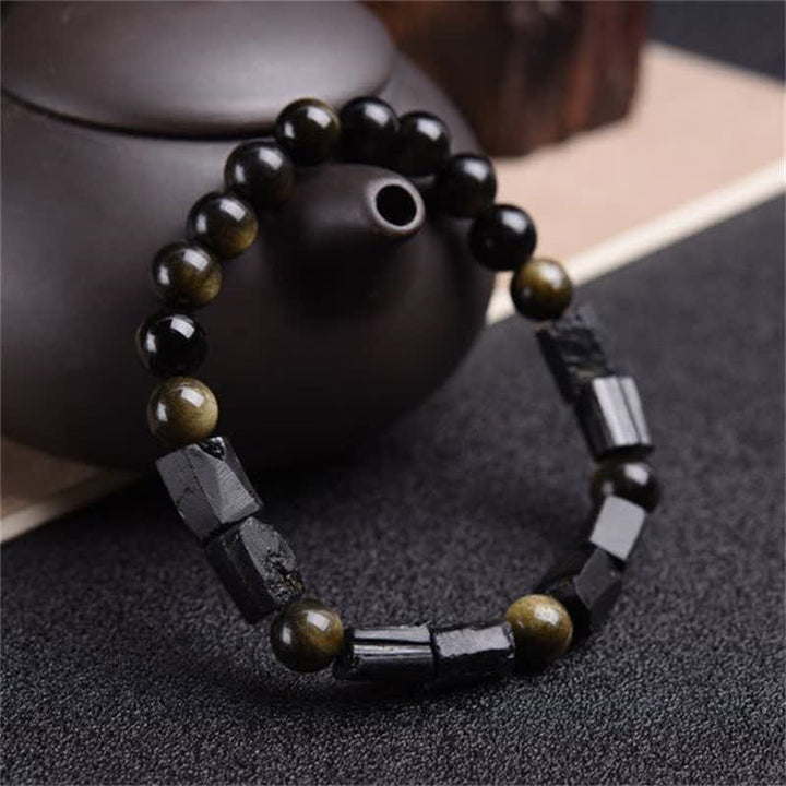 Buddha Stonesゴールドシーンオブシディアン ブラックトルマリン ウェルスブレスレット