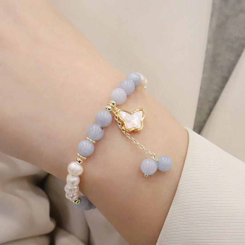 Buddha Stones天然アクアマリンパール ヒーリング イチョウの葉 バタフライ チャームブレスレット
