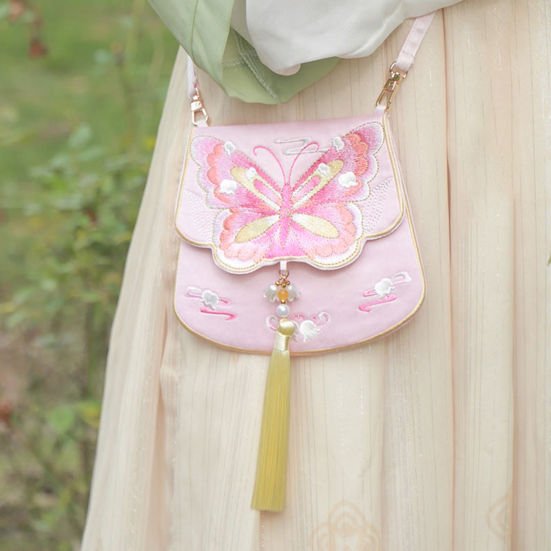 Buddha Stonesと幸運の刺繍、蓮と鯉とウサギの花の漢服バッグ、斜め掛けバッグ、ショルダーバッグ - ピンクベルバタフライ - image 24