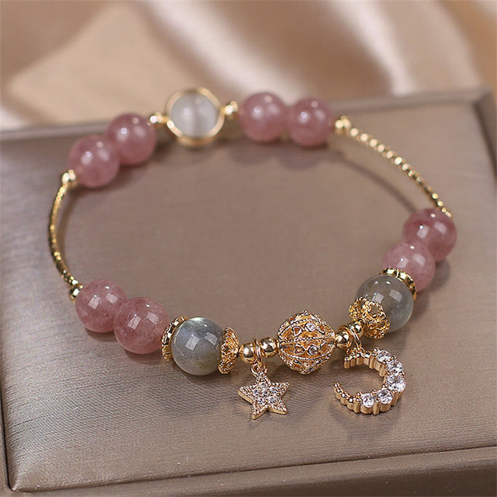Buddha Stones ストロベリークォーツ＆ムーンストーン 月と星モチーフのラブブレスレット - image 3