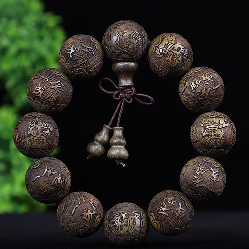 Buddha Stones、中国の十二支、ローズウッド、黒檀、銅貨、貔貅の彫刻、温もりのブレスレット