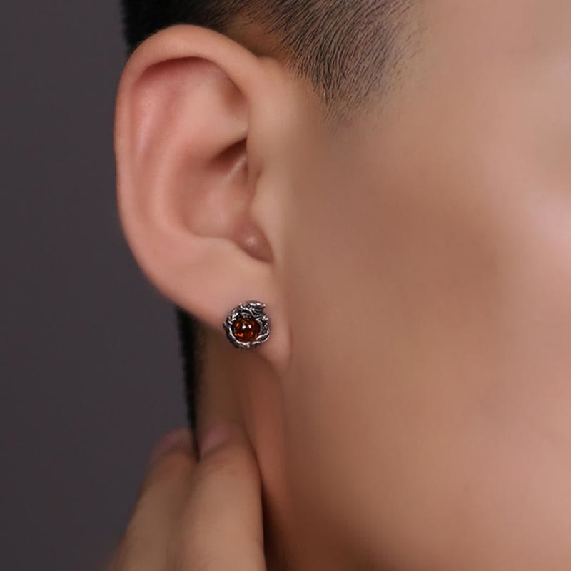 Buddha Stones925スターリングシルバー 天然琥珀 ドラゴン 成功の守護 スタッドピアス