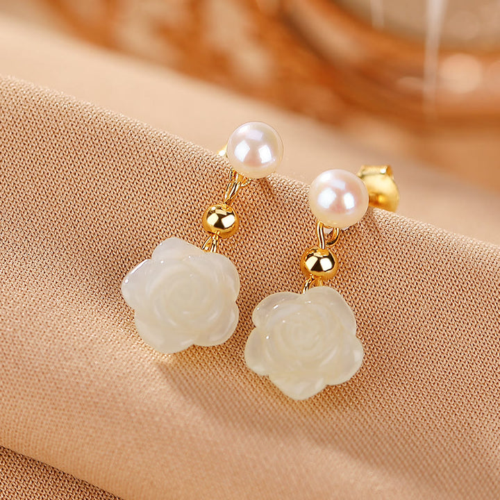 Buddha Stones 925スターリングシルバーメッキゴールド翡翠ローズフラワーシアン翡翠パール幸運イヤリング
