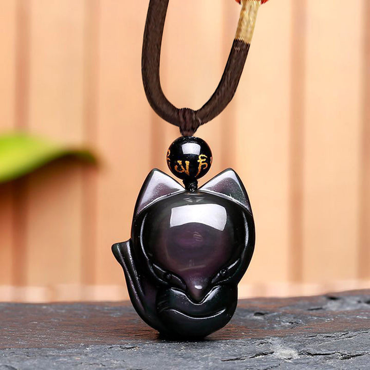 Buddha Stones天然レインボーオブシディアン ゴールドシーンオブシディアン 九尾狐 ポジティブネックレスペンダント