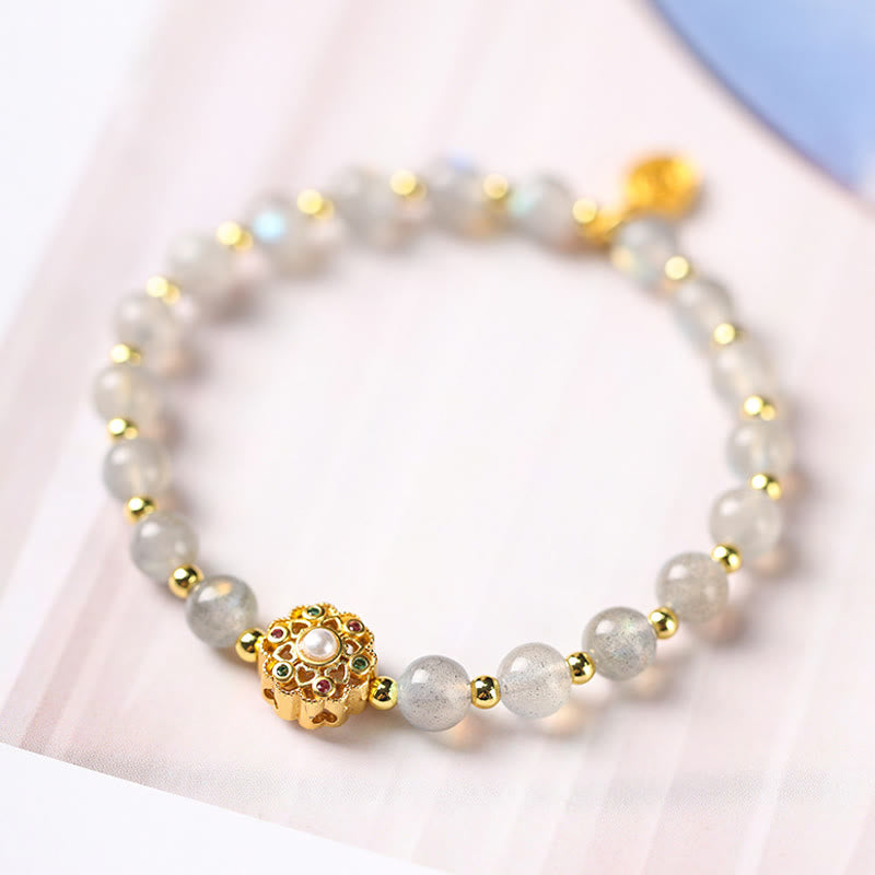 Buddha Stones 14Kゴールドメッキ 天然ストロベリークォーツ ラブラドライト サンストーン 福の字 ポジティブチャームブレスレット