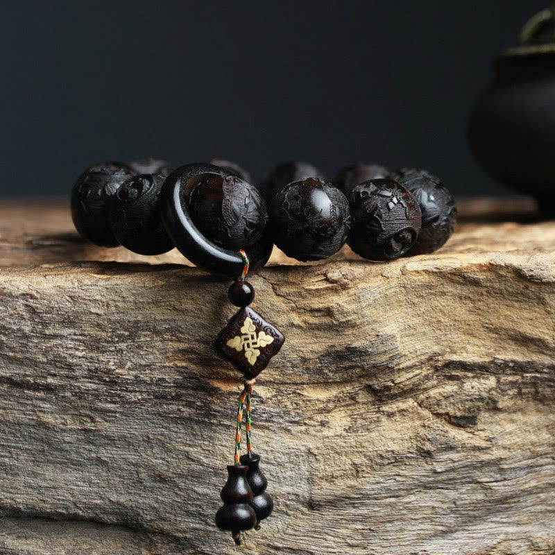 Buddha Stones黒檀漢字 陰陽 彫刻 ひょうたん 天秤 ブレスレット