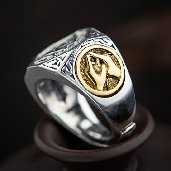 Buddha Stones925 スターリングシルバー サンスクリットデザイン 彫刻入り 保護 調節可能 リング