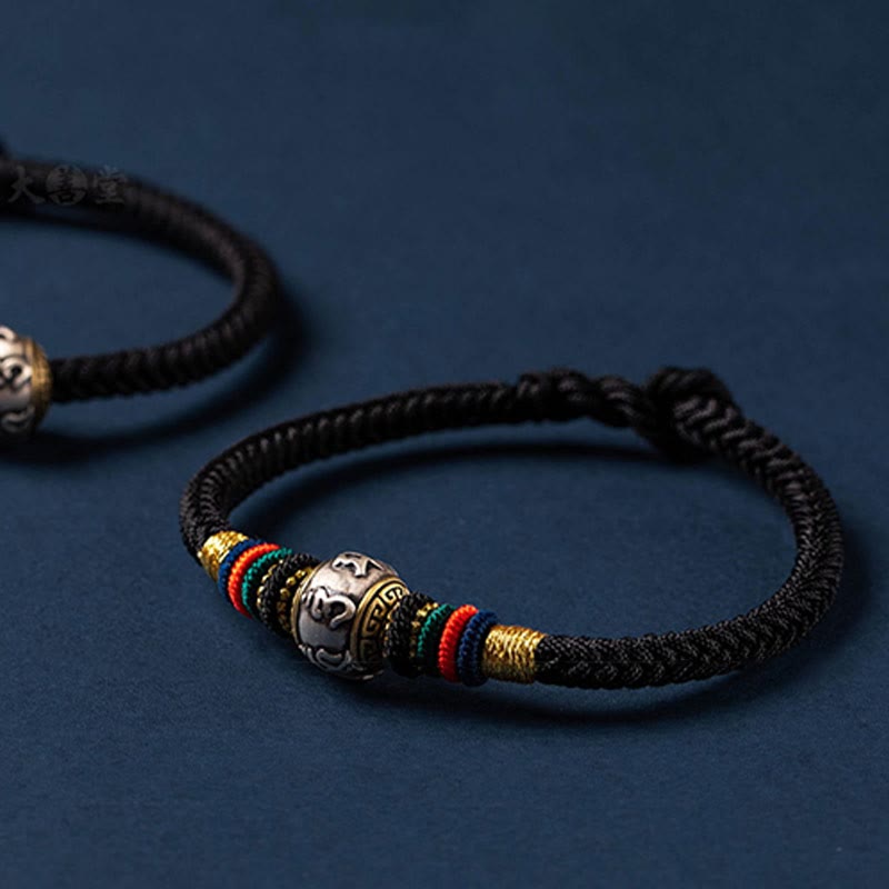 Buddha Stones925 スターリングシルバー チベット ハンドメイドオーム・マニ・パドメ・フム幸運の守護 キングコングノット 編み込みブレスレット
